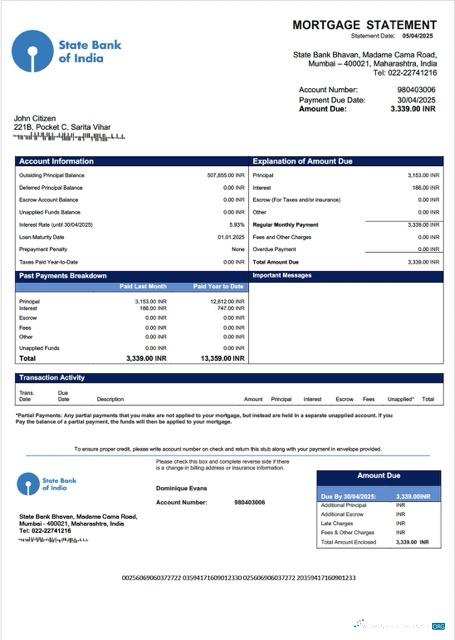 Download India State Bank of India mortgage statement Word and PDF template Photoshop template